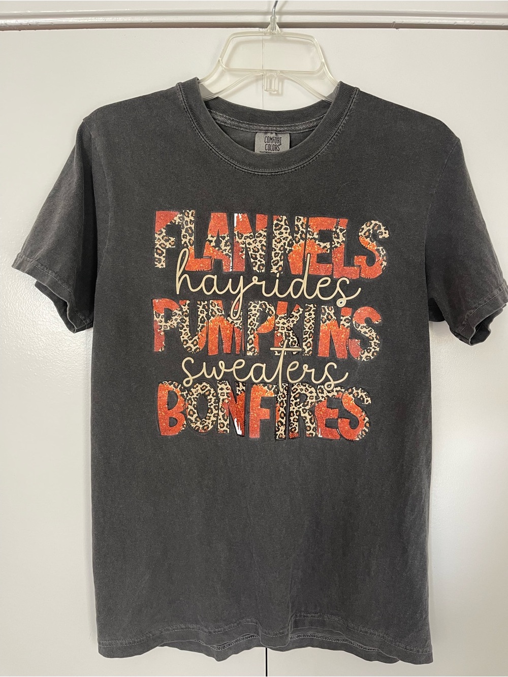 Adult Small Gray Tee with Orange Leopard Fall Print